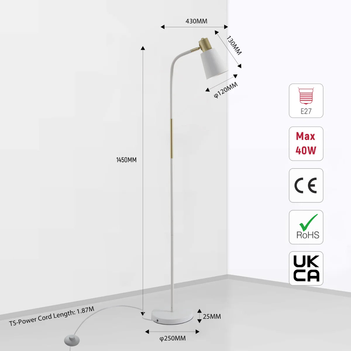 Size and certifications of Bend Design Floor Lamp with Gold Accents - E27 130-03554