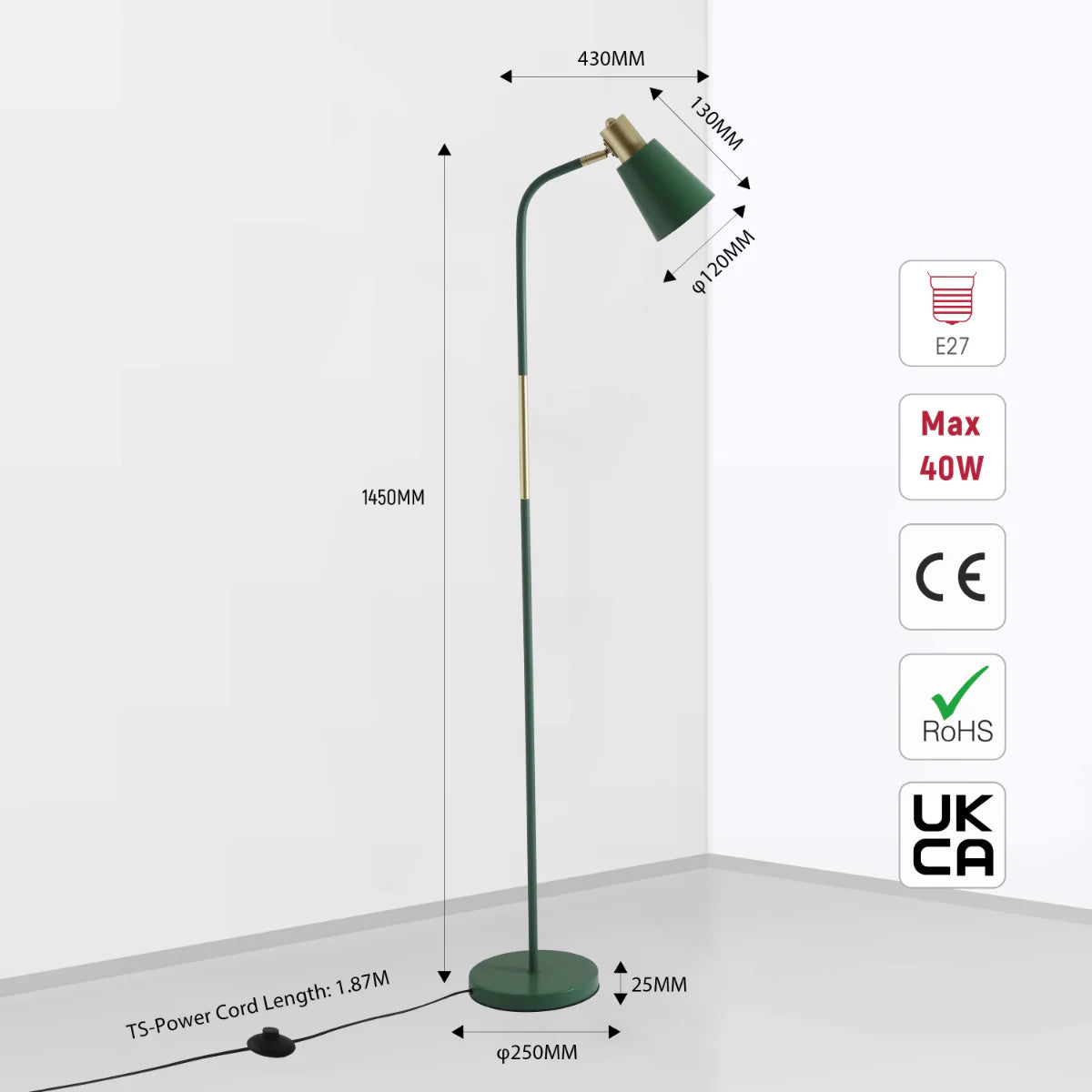 Size and certifications of Bend Design Floor Lamp with Gold Accents - E27 130-03556