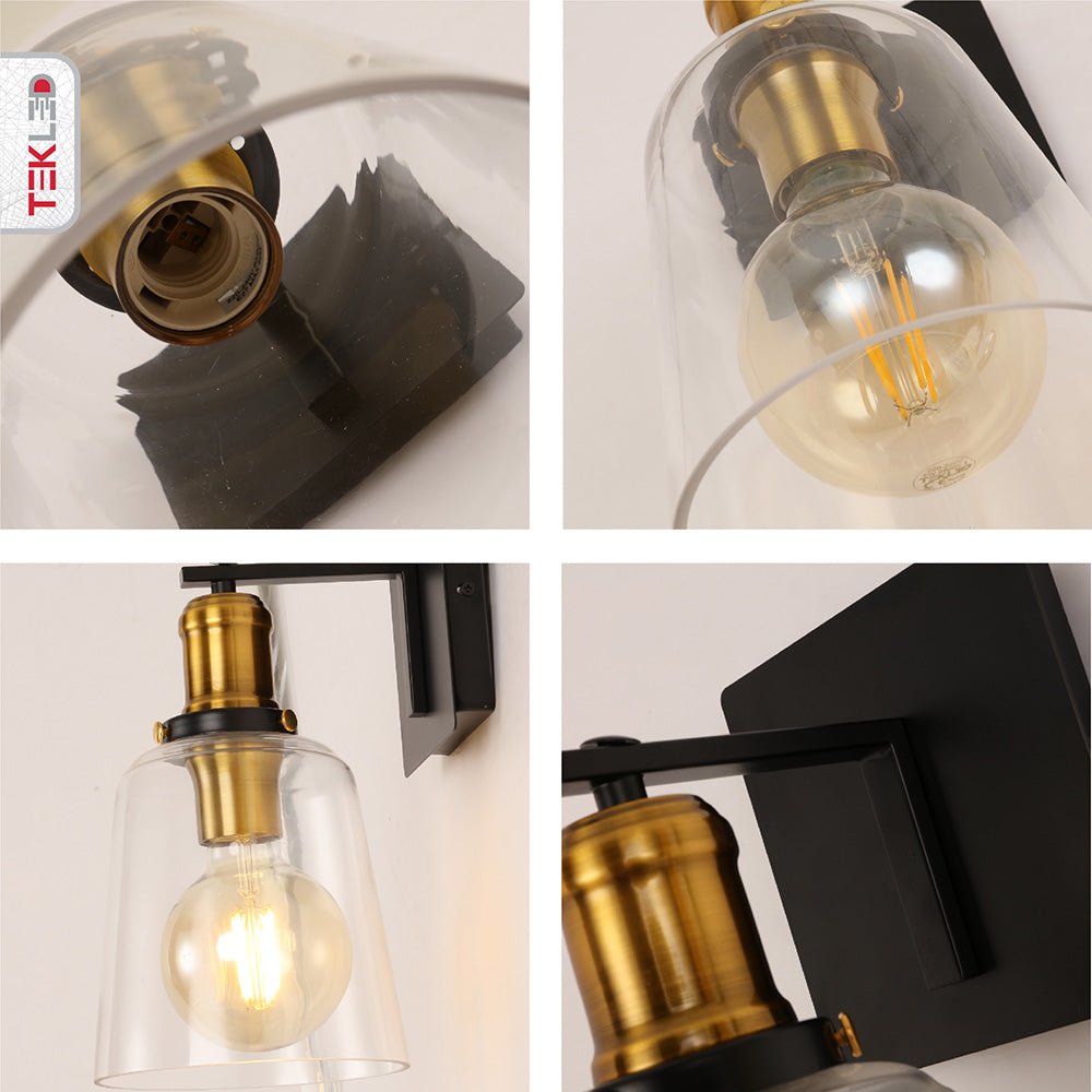 Detailed captures of Black Body Clear Glass Cone Wall Light with E27 Fitting