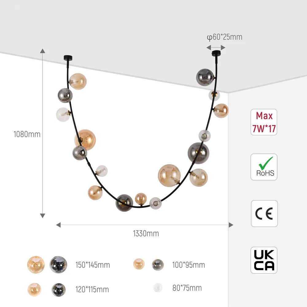 Size and technical specs of the Black Chandelier 68126-A Colorful Glass 17xG9(TEKLED)-159-18288-159-18288