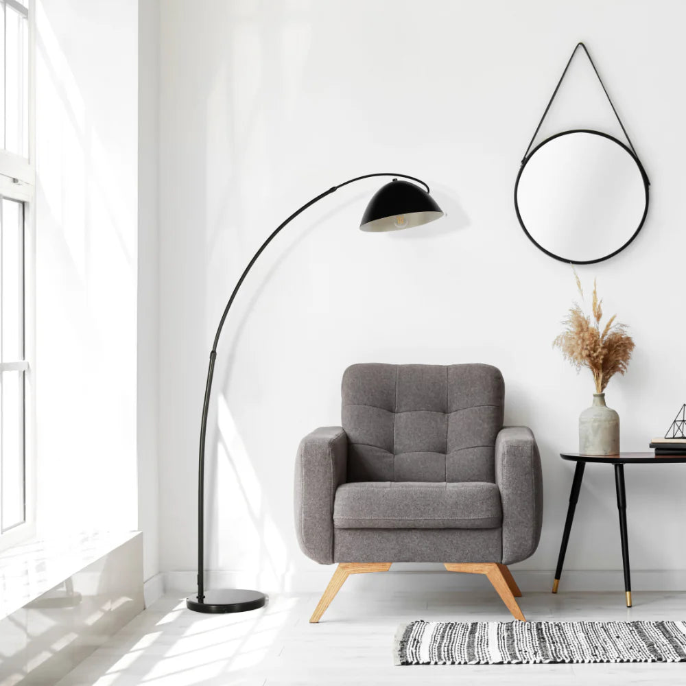 Black Elegance Curved Floor Lamp with Dome Shade