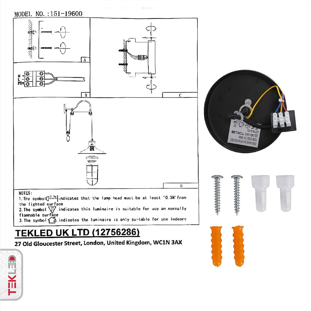 User manual and installation tools of Black Metal Caged Funnel Pulley Wall Light with E27 Fitting