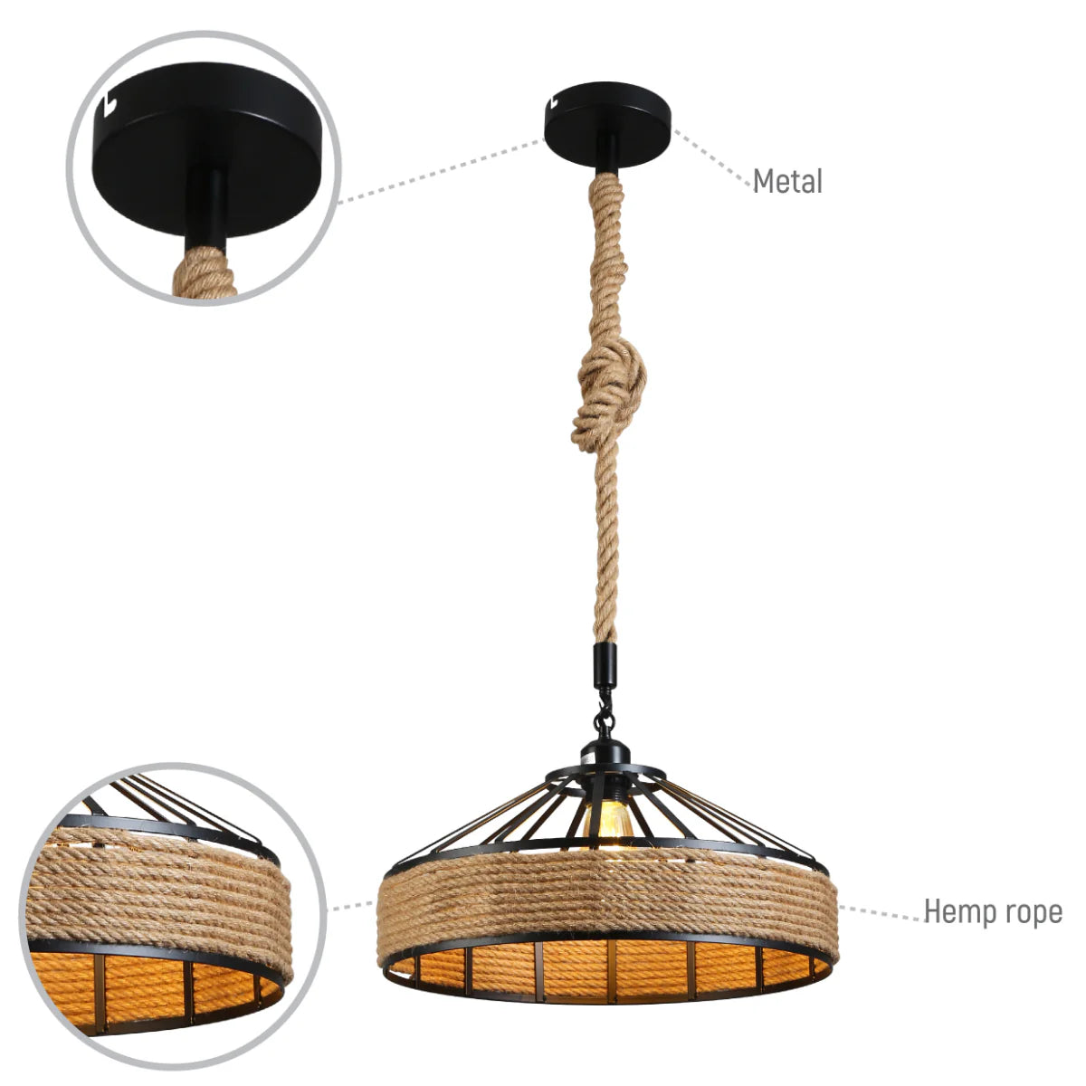 Lighting properties of Black Metal Hemp Rope Cage Pendant Ceiling Light E27 159-18124