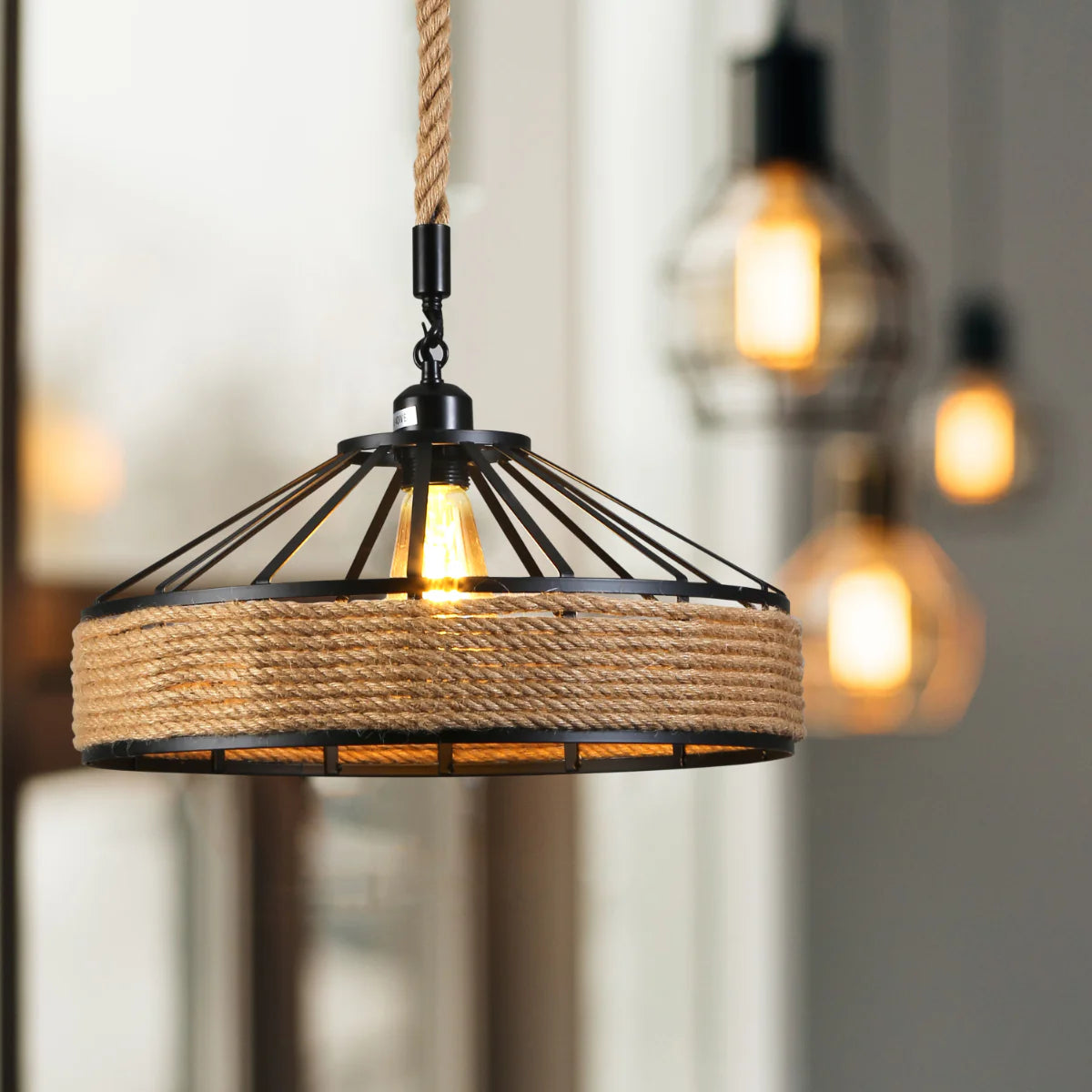 Where to use Black Metal Hemp Rope Cage Pendant Ceiling Light E27 159-18124