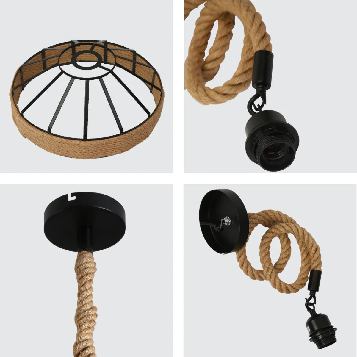 Close shots of Black Metal Hemp Rope Cage Pendant Ceiling Light E27 159-18125