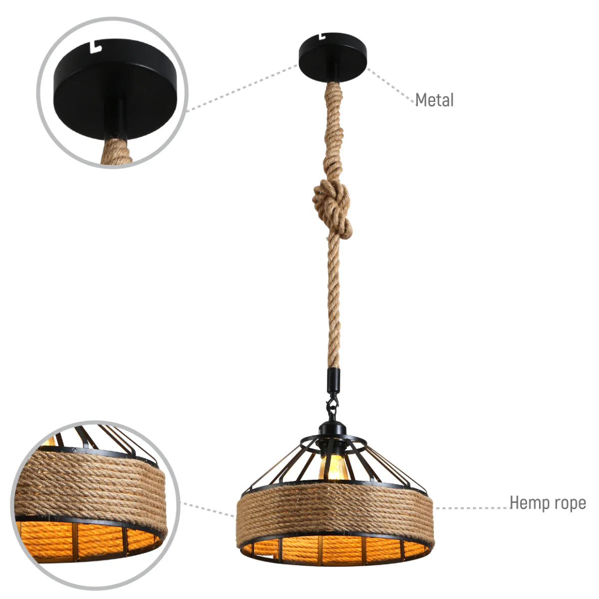 Lighting properties of Black Metal Hemp Rope Cage Pendant Ceiling Light E27 159-18125