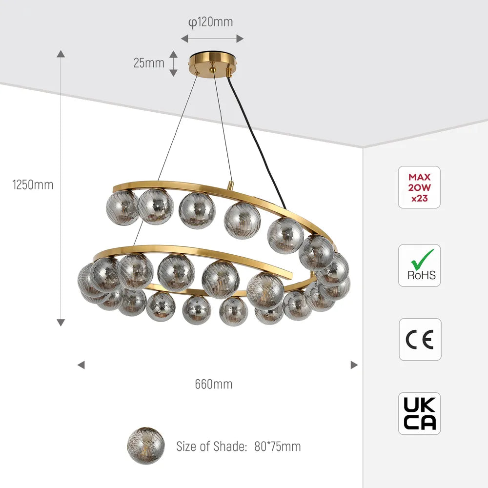 Size and technical specs of the Bronze Chandelier 67003-600 Smoke Glass 23xG9(TEKLED)-159-18276-159-18276