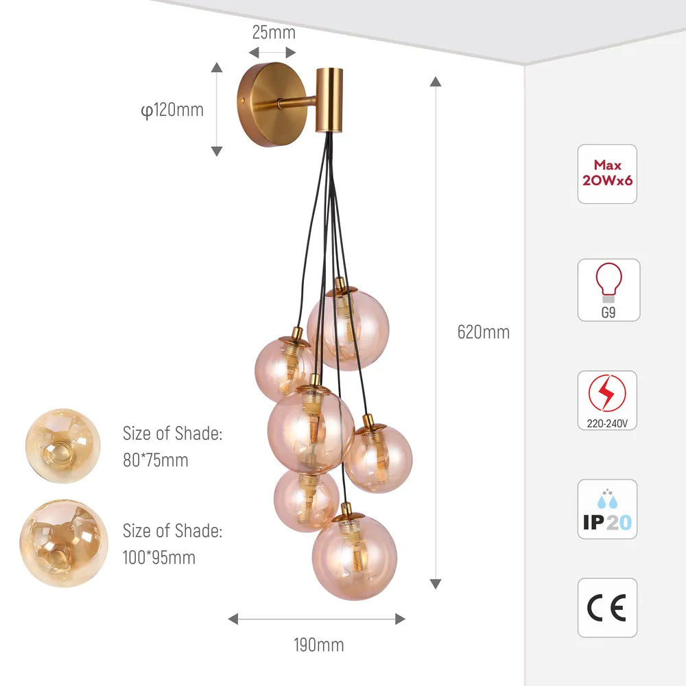 Size and technical specs of the Bronze Wall Light 39307-A Amber Glass 6xG9(TEKLED)-151-20056-151-20056