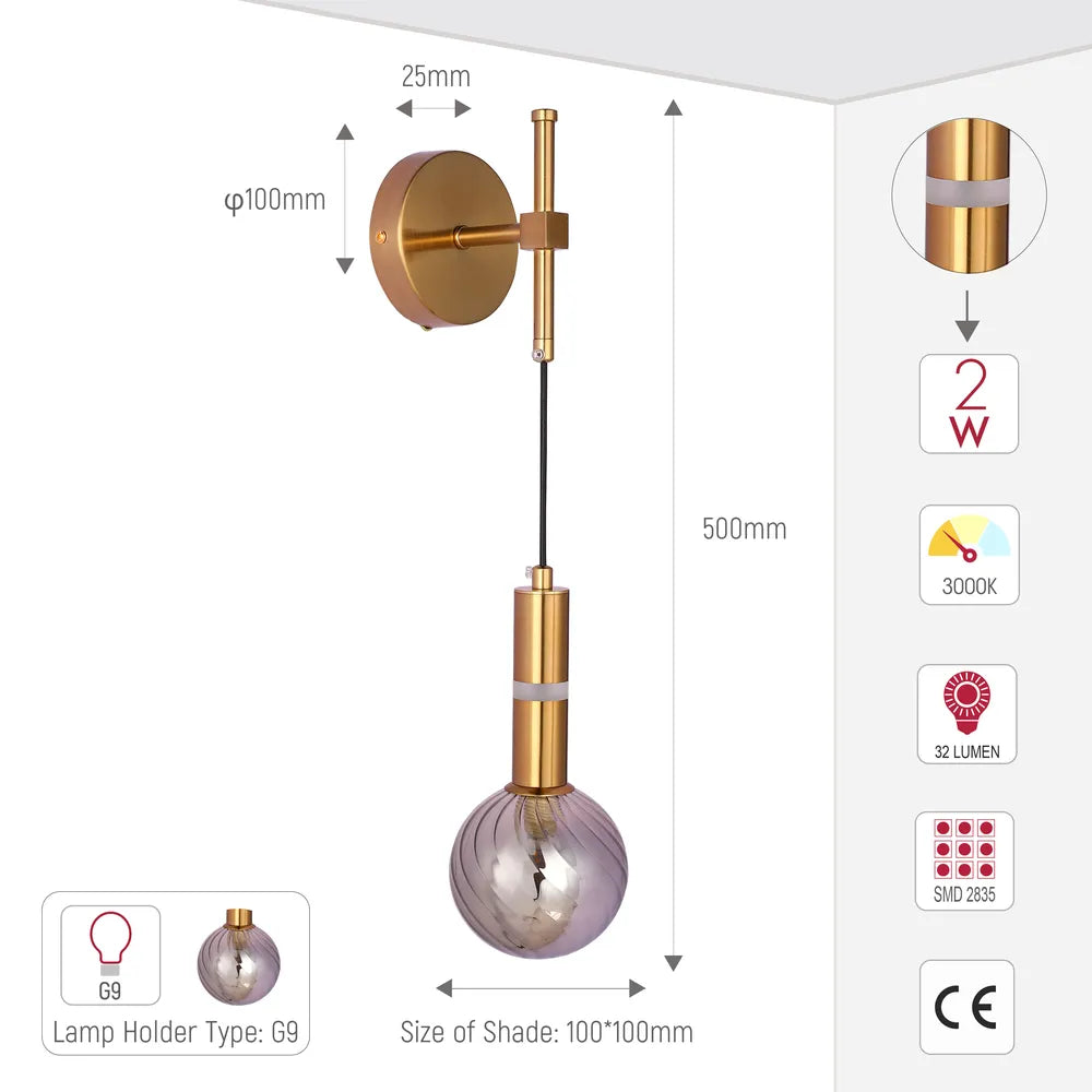 Size and technical specs of the Bronze Wall Light 39312 Smoke Glass 1xG9+LED 3000K(TEKLED)-151-20062-151-20062