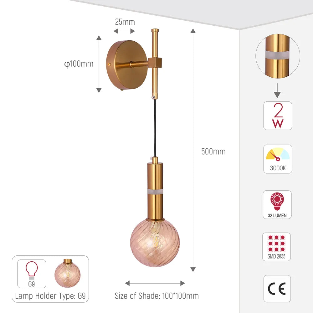 Size and technical specs of the Bronze Wall Light 39312B-A Amber Glass 1xG9+LED 3000K(TEKLED)-151-20064-151-20064