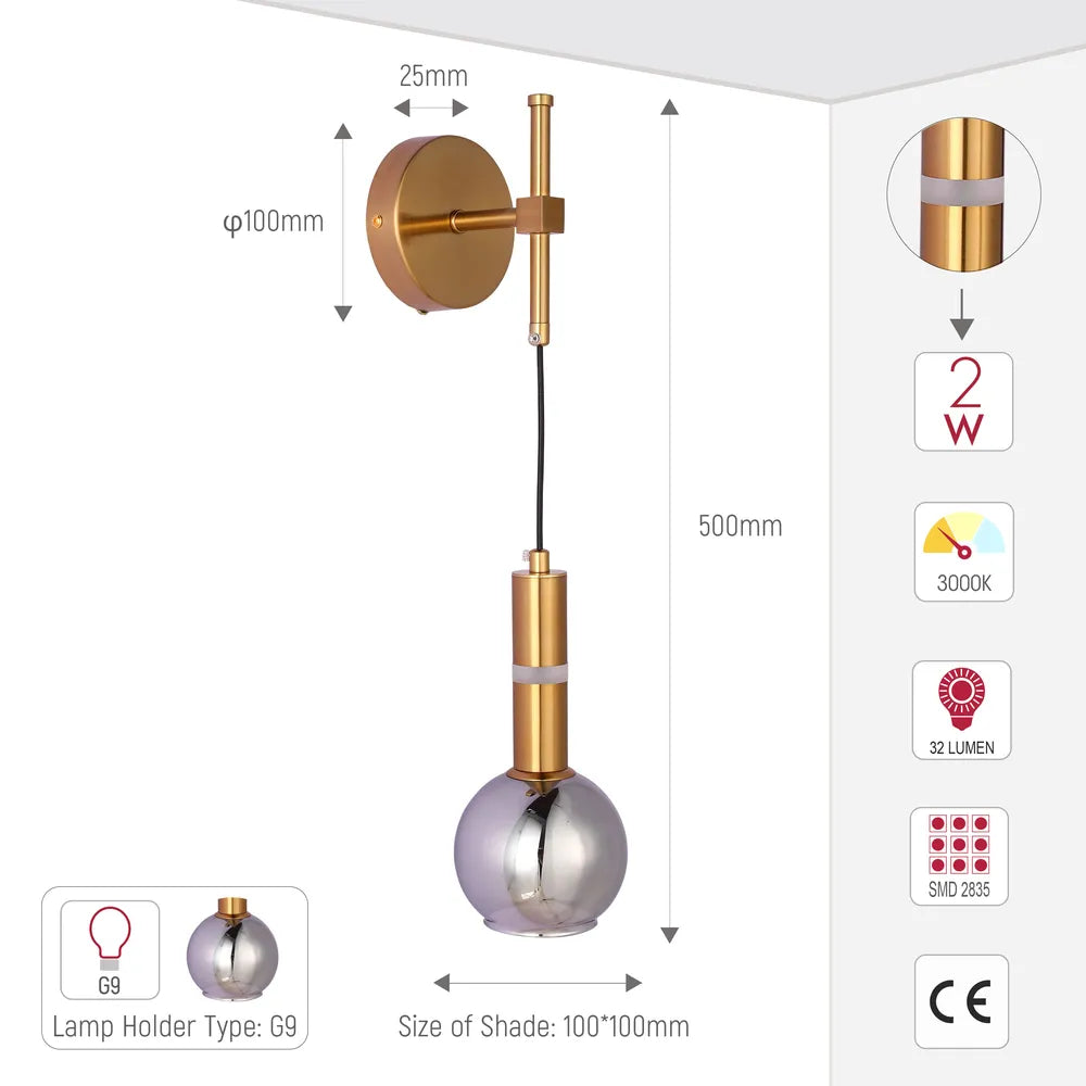 Size and technical specs of the Bronze Wall Light 39312B-B Smoke Glass 1xG9+LED 3000K(TEKLED)-151-20066-151-20066