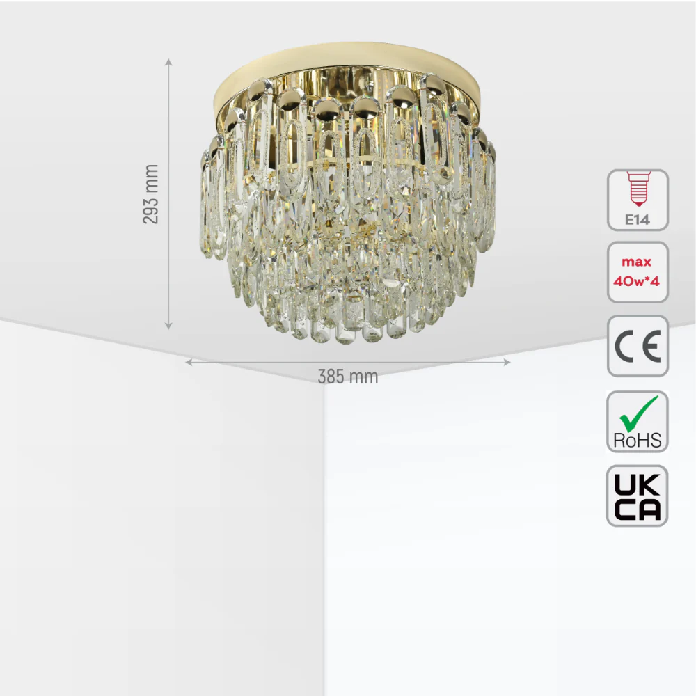 Size and tech specs of Cascade Crystal Flush Chandelier Ceiling Light | TEKLED 159-18066