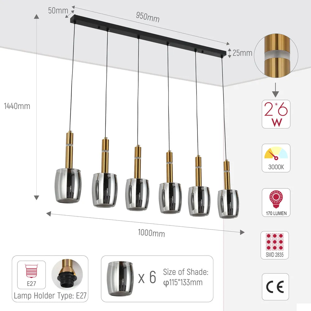 Size and technical specs of the Chandelier 66898-6C Smoke Glass 6xE27+LED 3000K(TEKLED)-159-18308-159-18308