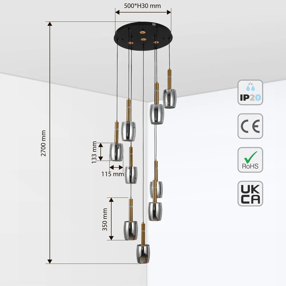 Size and technical specs of the Chandelier 66898-9A Smoke Glass 9xE27+LED 3000K(TEKLED)-159-18312-159-18312