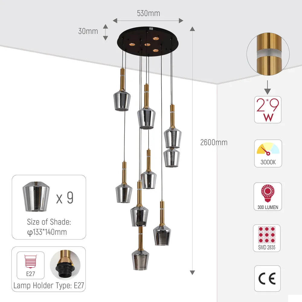 Size and technical specs of the Chandelier 66967-9A Smoke Glass 9xE27+LED 3000K(TEKLED)-159-18300-159-18300