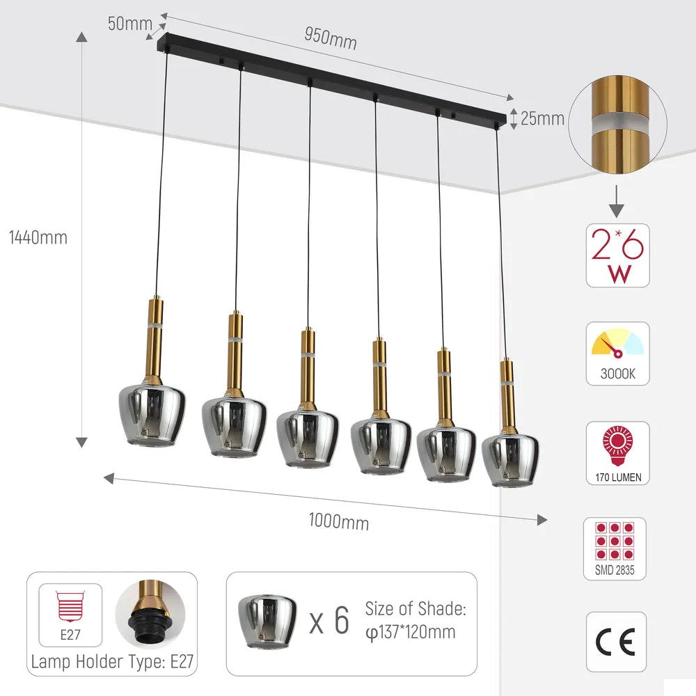 Size and technical specs of the Chandelier 66975-6C Smoke Glass 6xE27+LED 3000K(TEKLED)-159-18302-159-18302