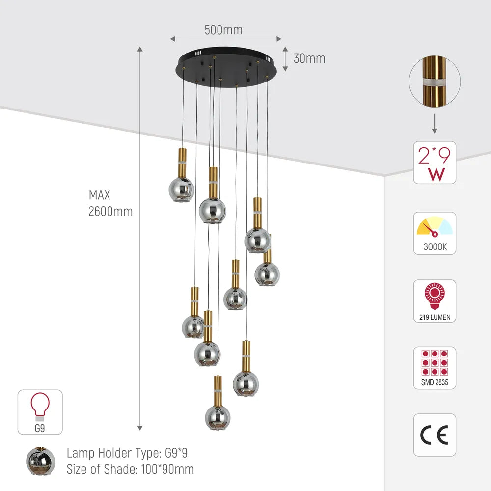 Size and technical specs of the Chandelier 67023-9 Smoke Glass 9xG9+LED 3000K(TEKLED)-159-18266-159-18266