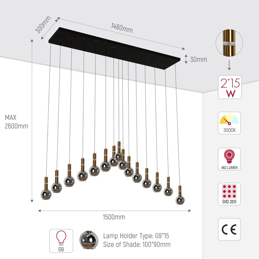 Size and technical specs of the Chandelier 67024-15 Smoke Glass 15xG9+LED 3000K(TEKLED)-159-18254-159-18254