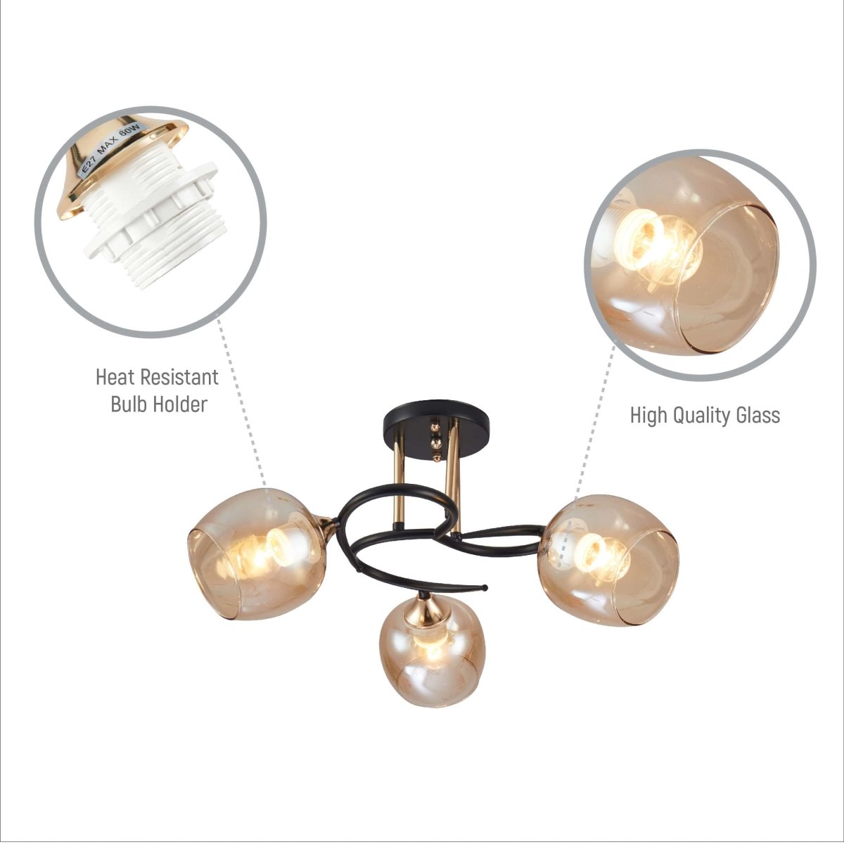 Close up of Amber Bell Glass Black Gold Metal Semi Flush Ceiling Light | TEKLED 159-17130