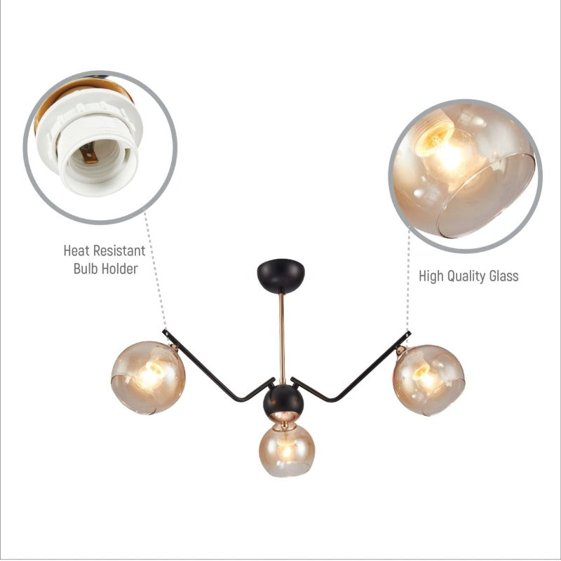 Close up of Amber Cone Glass Black Gold Metal Spider Semi Flush Ceiling Light | TEKLED 159-17182