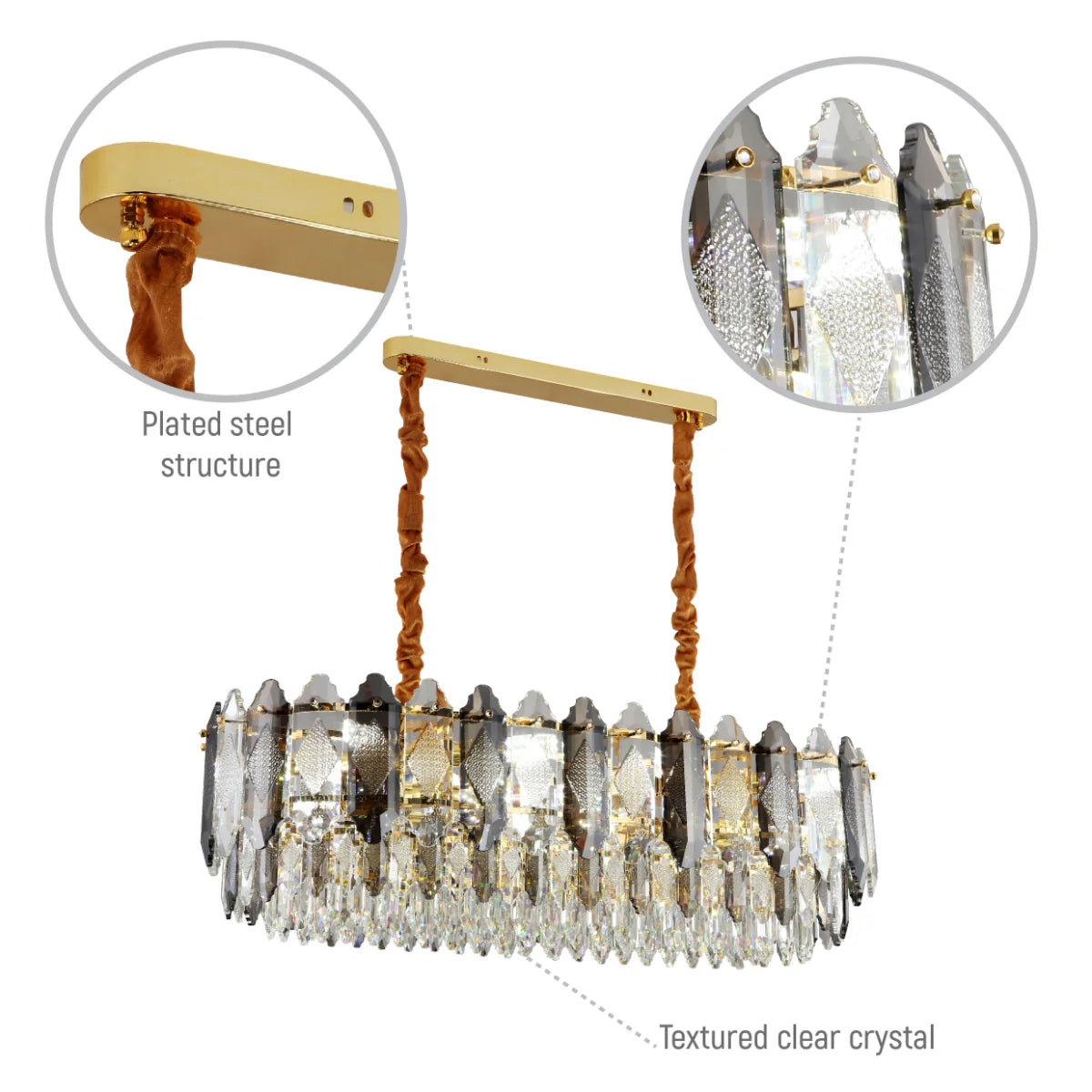 Close shots of Deluxe Smoky Clear Crystal Modern Chandelier Light Gold | TEKLED 159-18005