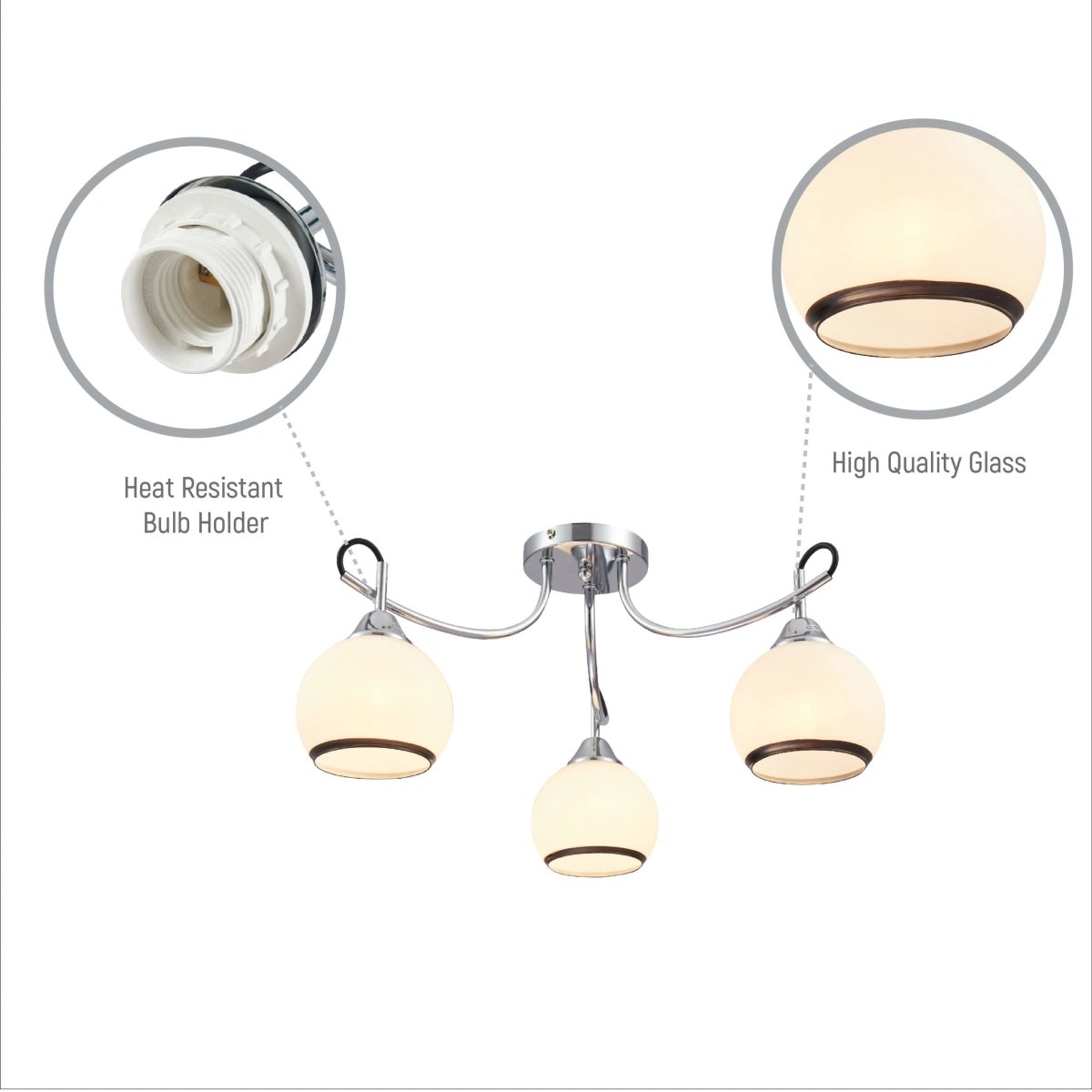 Close up of Opal Dome Glass Chrome Metal Semi Flush Ceiling Light | TEKLED 159-17580