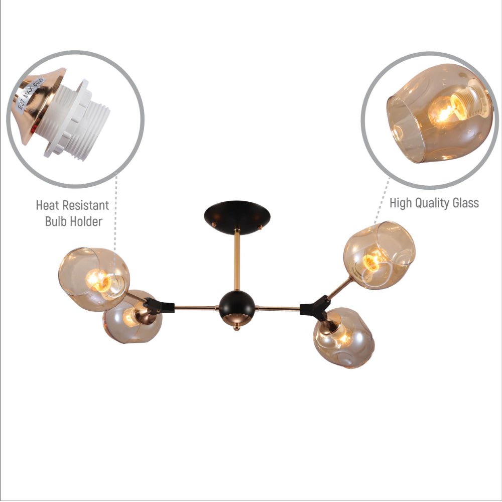 Close up shots of Amber Bell Glass Sputnik Gold Semi Flush Ceiling Light E27 | TEKLED 159-17720