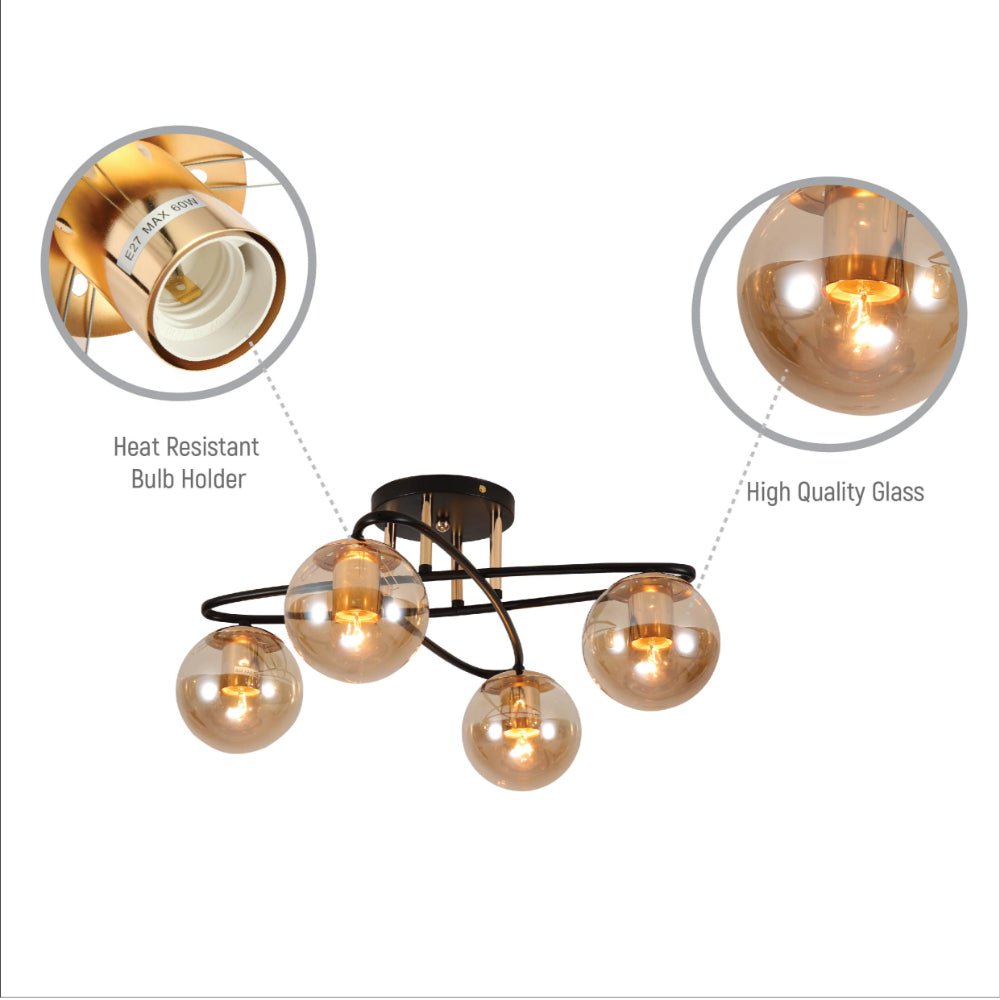 Close up shots of Amber Globe Glass Black Ellipse Metal Modern Semi Flush Ceiling Light E27 | TEKLED 159-17736