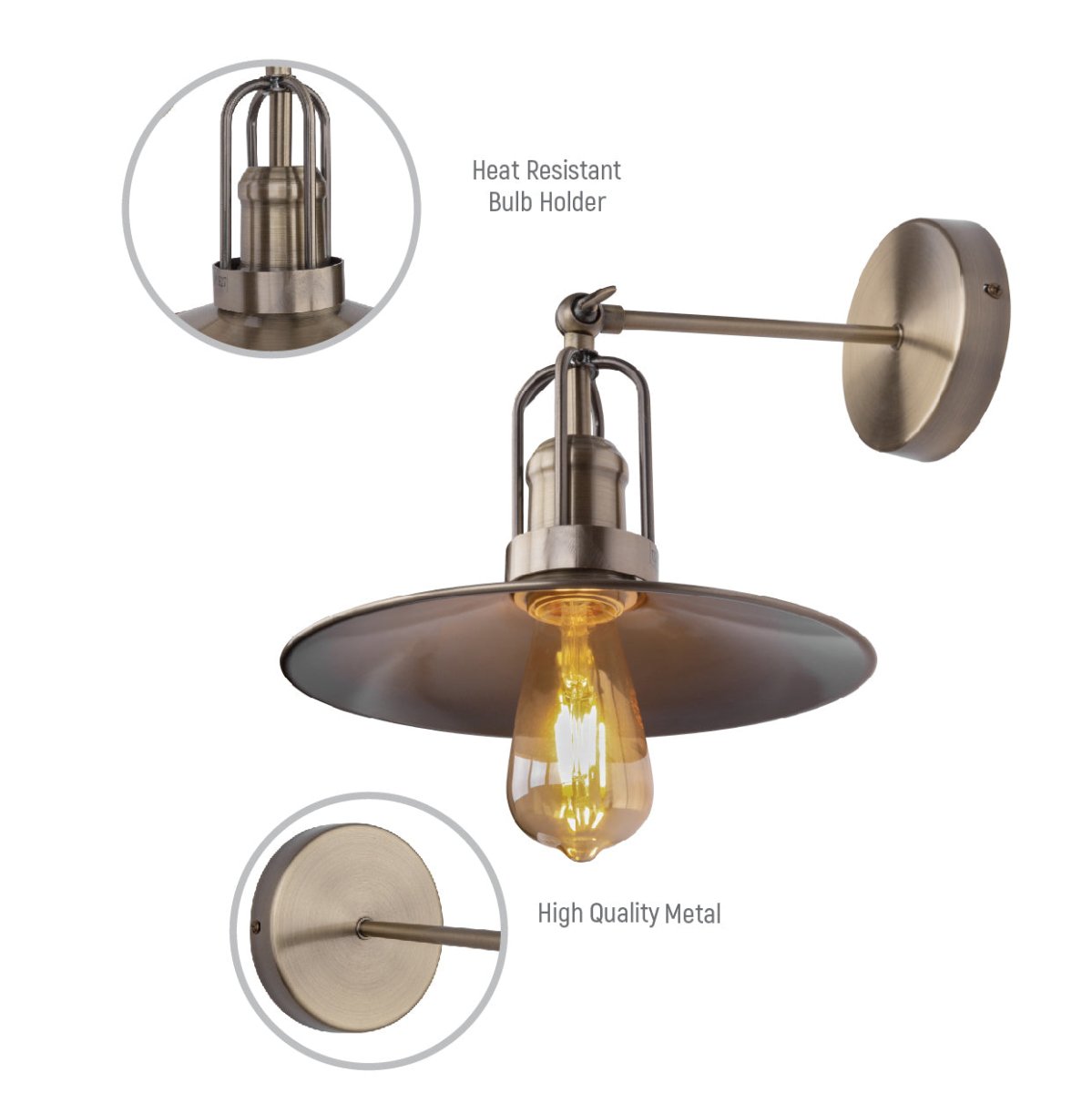 Close up shots of Antique Bronze Flat Metal Hinged Indutrial Retro Wall Light with E27 Fitting | TEKLED 151-19602