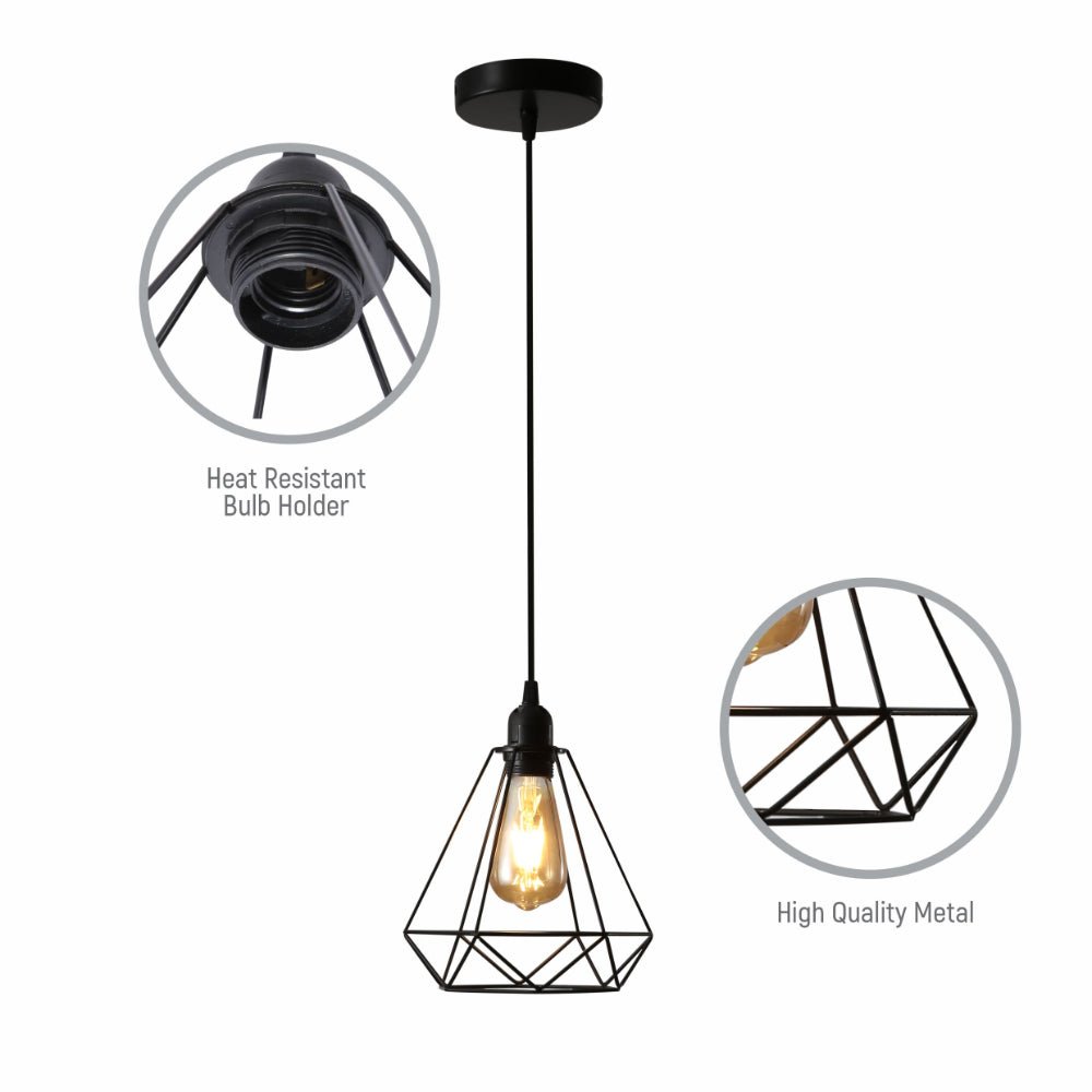 Close up shots of Black Metal Diamond Caged Funnel Single or Triple Pendant Ceiling Light with E27 | TEKLED 150-17378