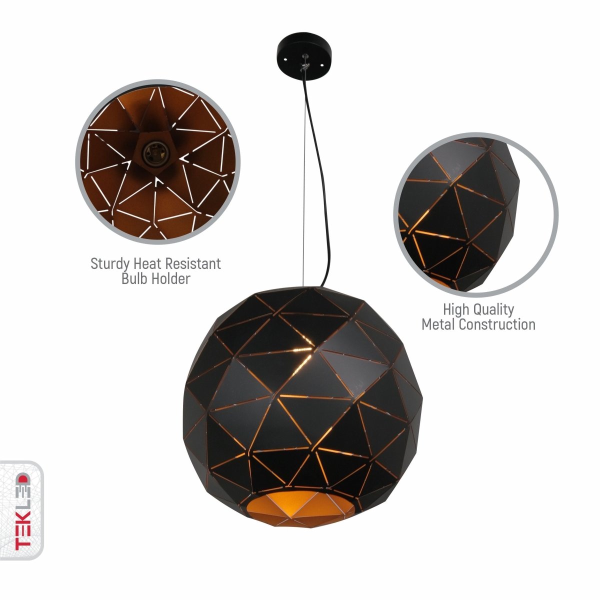 Close up shots of Black Metal Laser Cut Globe Pendant Light X Large with E27 Fitting | TEKLED 150-18250