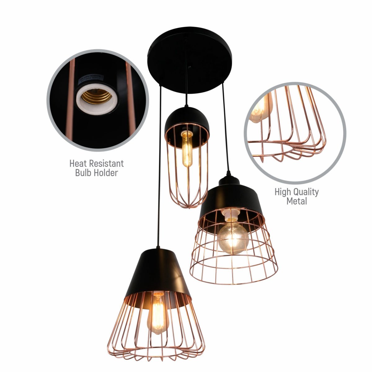 Close up shots of Black Top Rose Gold Metal Cage Mix Pendant Ceiling Light with 3xE27 | TEKLED 150-18082