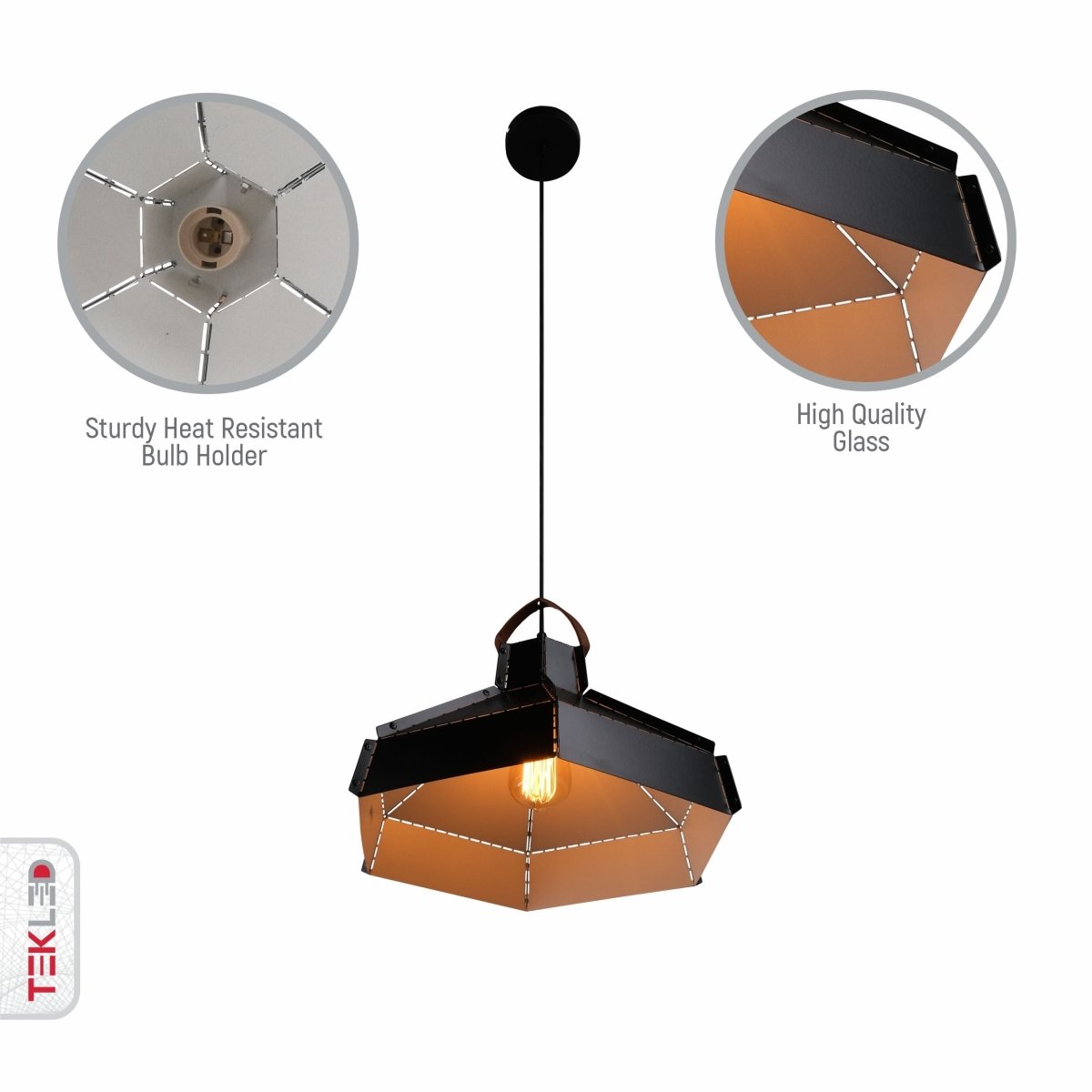 Close up shots of Esagono Maxi Black Metal Pendant Light with E27 Fitting | TEKLED 159-17352