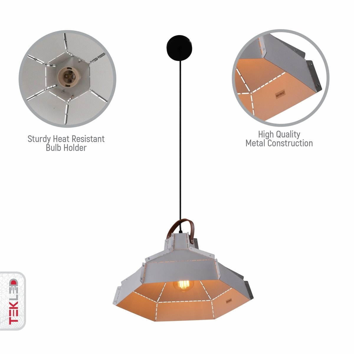 Close up shots of Esagono Maxi White Metal Pendant Light with E27 Fitting | TEKLED 159-17354