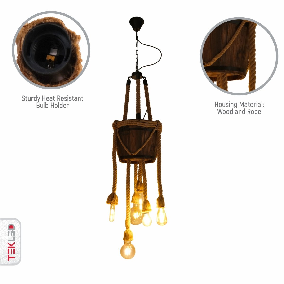 Close up shots of Firewood Basket with 6 Hemp Rope Chandelier E27 Fitting | TEKLED 158-17874