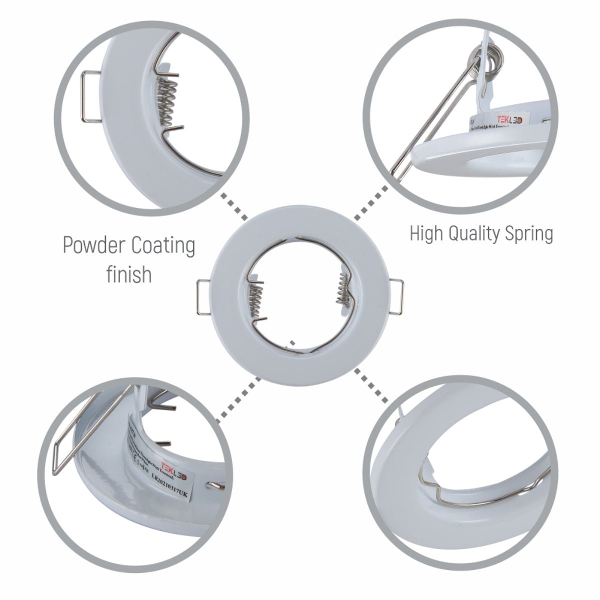 Close up shots of Fixed Pressed Steel Downlight White IP20 with GU10 Fitting | TEKLED 143-03736