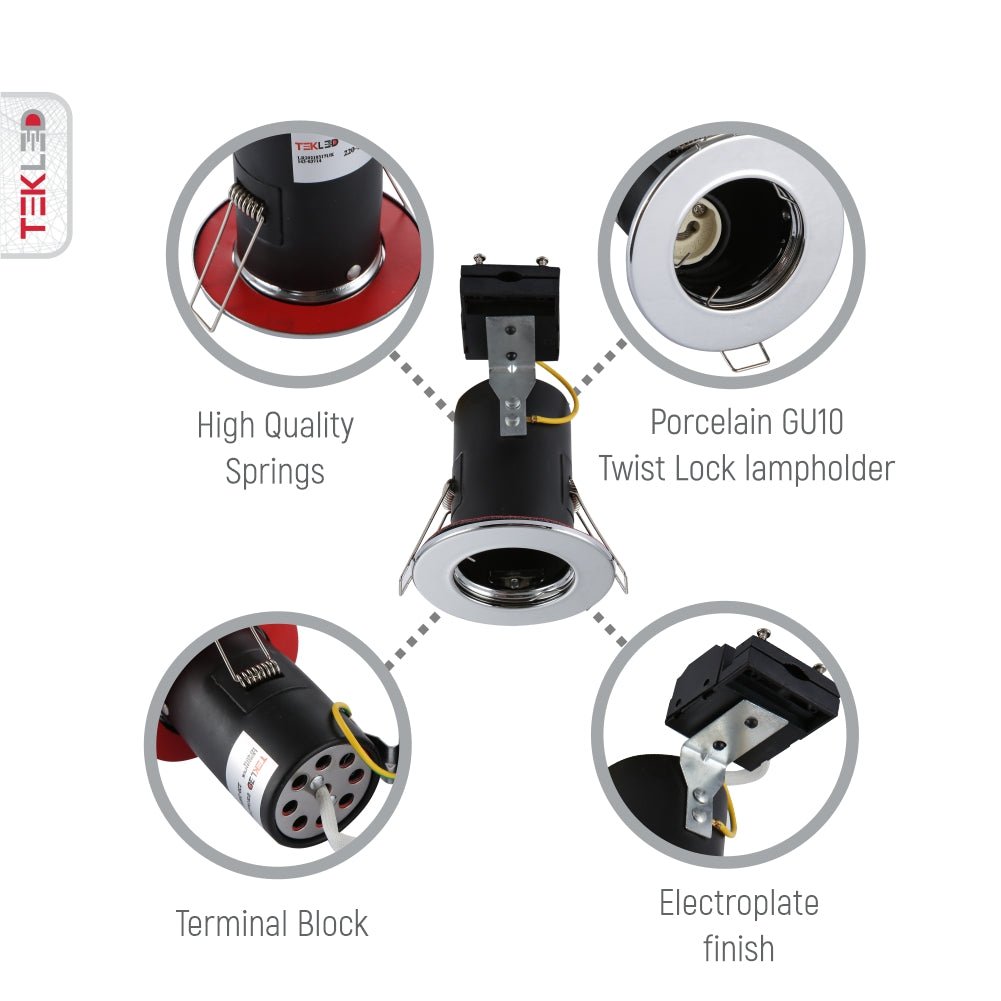 Close up shots of Fixed Pressed Steel Fire Rated Downlight Chrome IP20 GU10 | TEKLED 143-03714