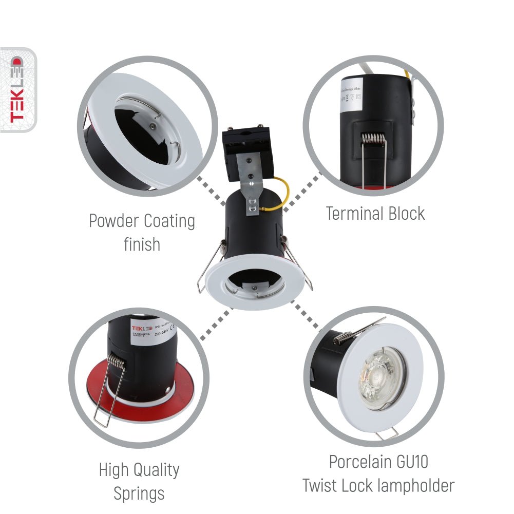 Close up shots of Fixed Pressed Steel Fire Rated Downlight White IP20 GU10 | TEKLED 143-03712