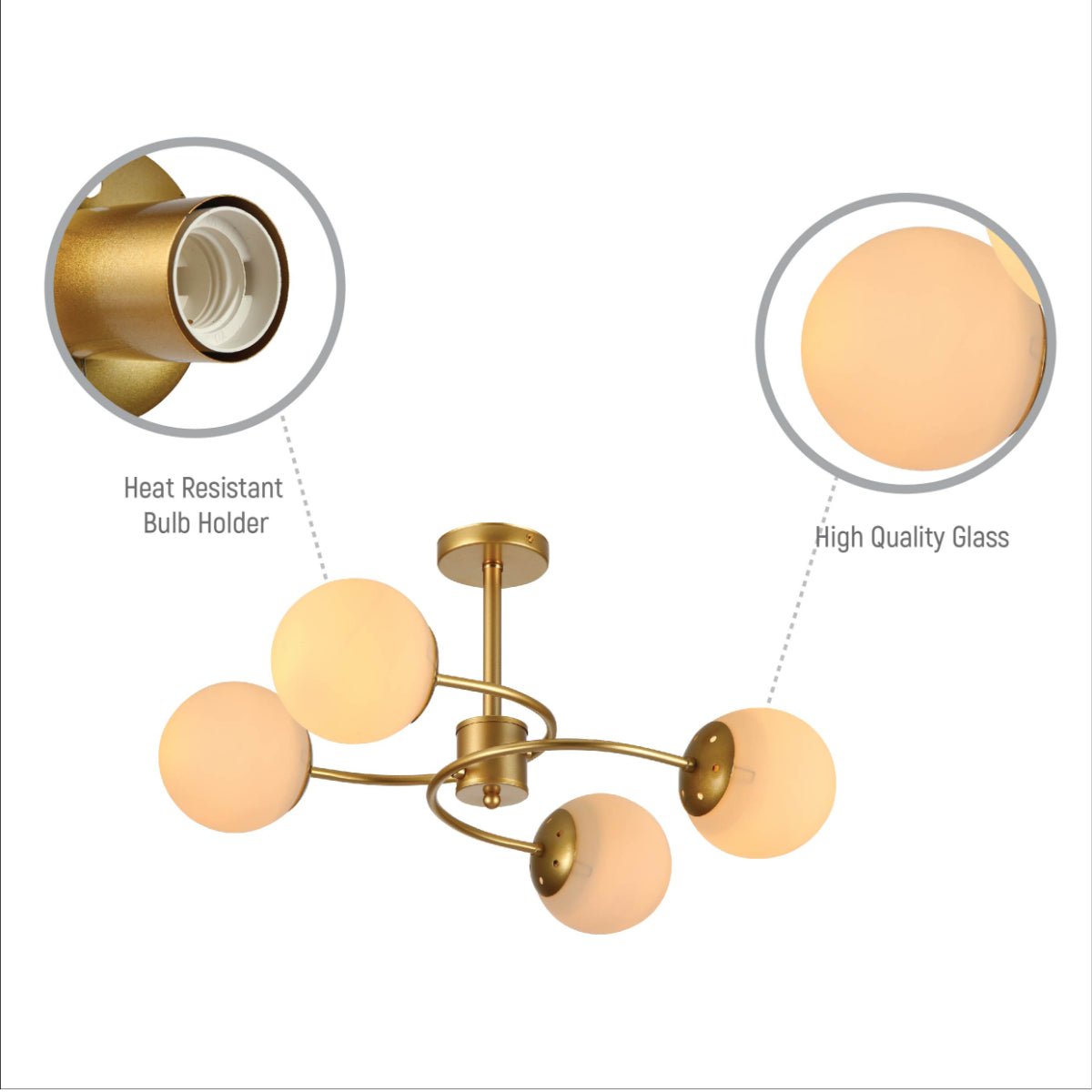 Close up shots of Gold Crescent Body Opal Globe Ceiling Light with E27 Fittings | TEKLED 159-17668