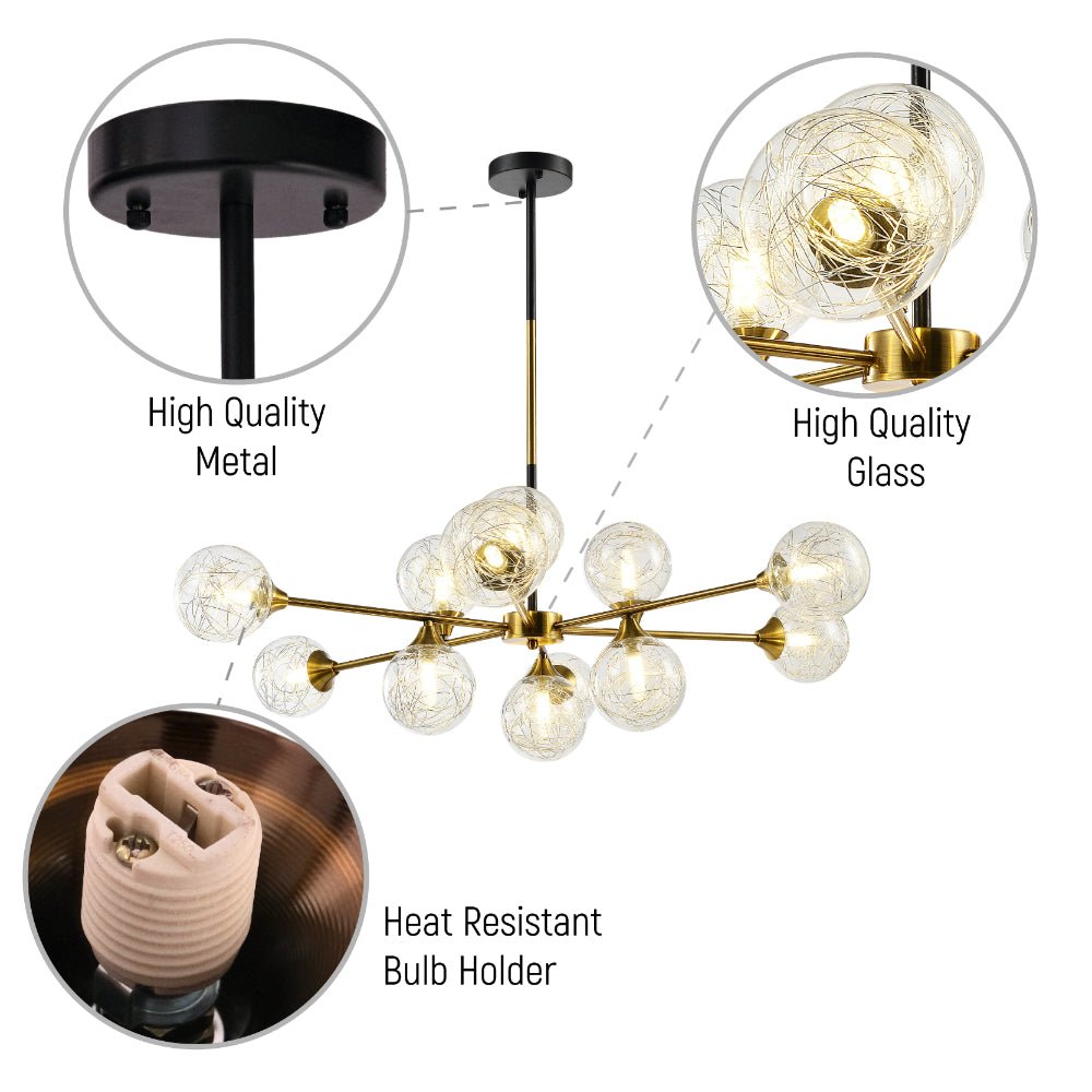 Close up shots of Gold Metal Sputnik Clear Globe Glass Chandelier Ceiling Light with 12xG9 Fittings | TEKLED 158-19576