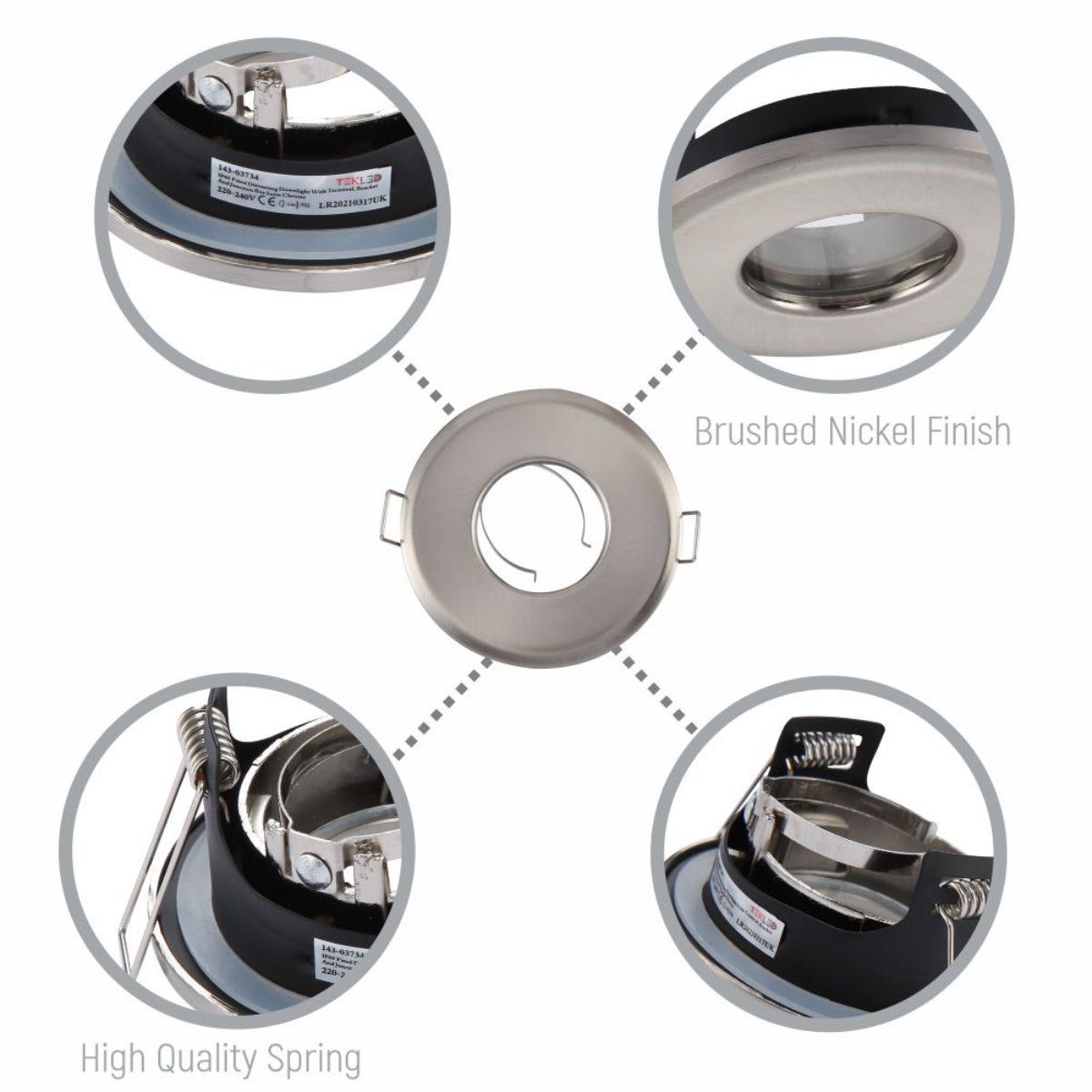 Close up shots of IP65 Fixed Diecasting Downlight With GU10 Terminal Bracket And Junction Box Satin Nickel | TEKLED 143-03734