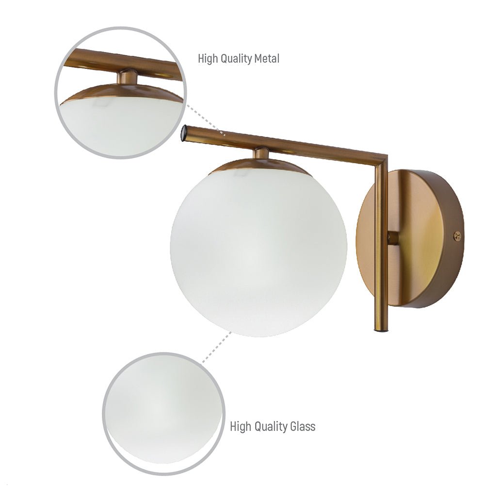 Close up shots of Opal Globe Glass Bronze L Shape Metal Wall Light with E27 Fitting | TEKLED 151-19498