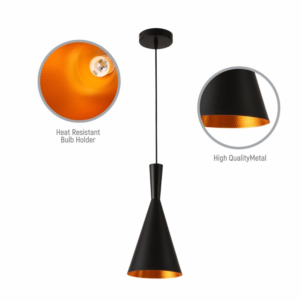 Close up shots of Penn Cone Schoolhouse Orient Flat Black Gold Metal Pendant Ceiling Light E27 | TEKLED 150-17910