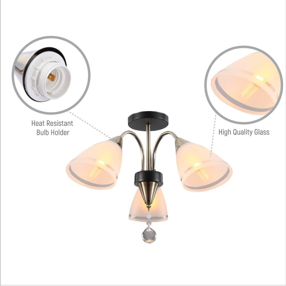 Close up shots of Petal Snowdrop Cone Glass Antique Brass Semi Flush Ceiling Light E27 | TEKLED 159-17726