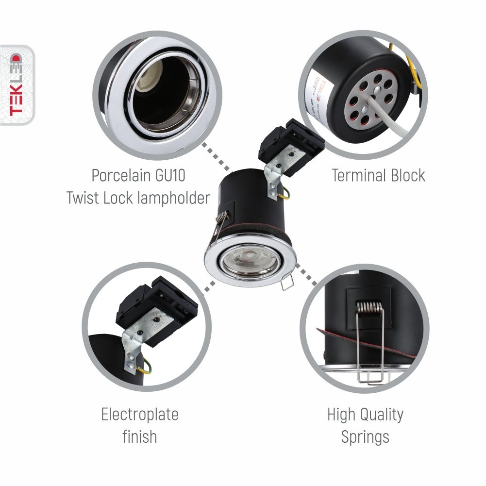 Close up shots of Tilt Pressed Steel Fire Rated Downlight Chrome IP20 GU10 | TEKLED 143-03720