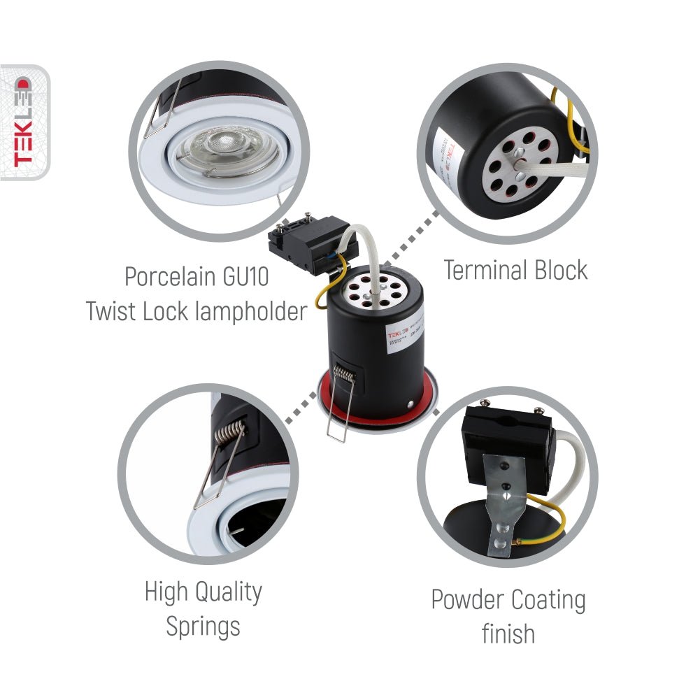 Close up shots of Tilt Pressed Steel Fire Rated Downlight White IP20 GU10 | TEKLED 143-03718