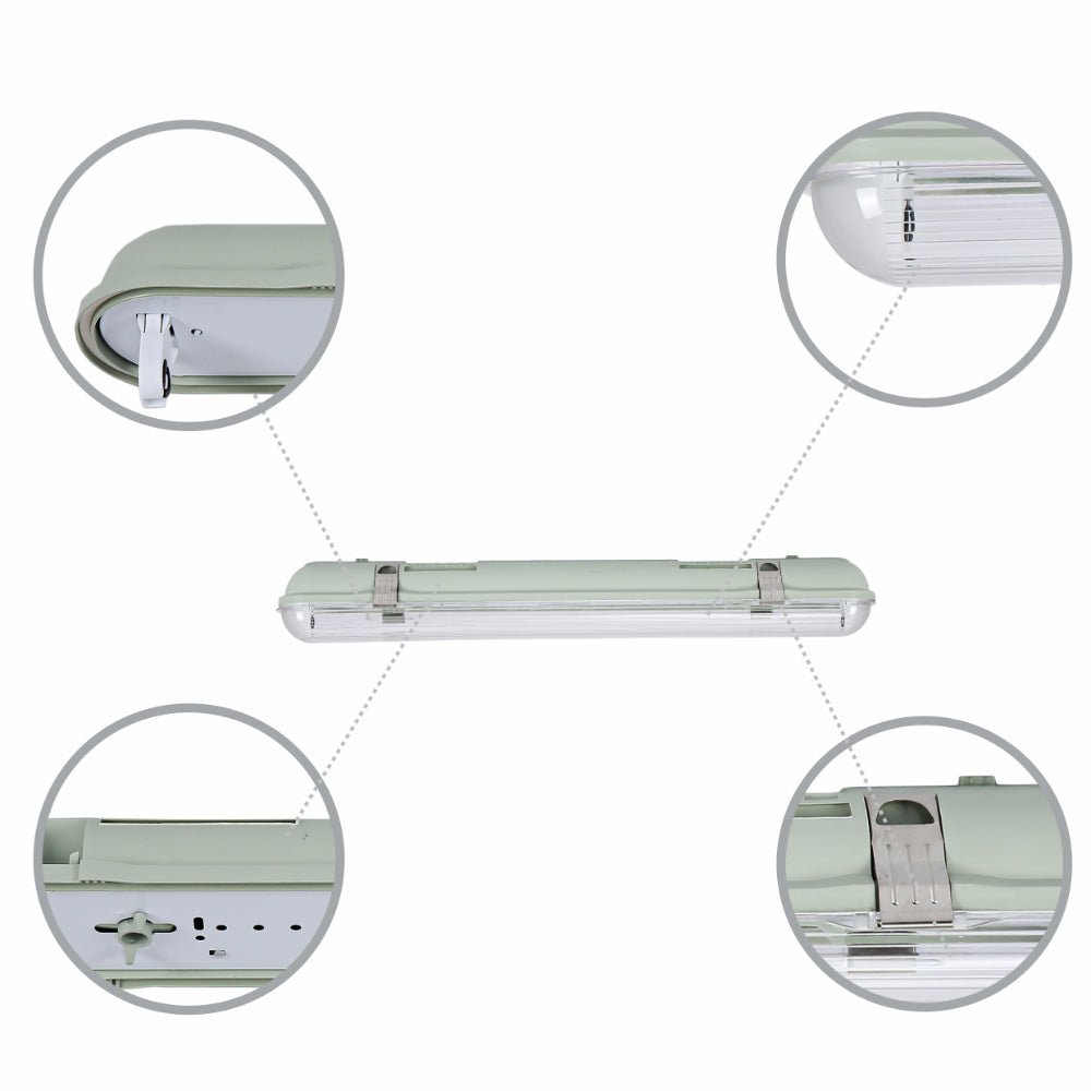 Close up shots of Tri-Proof Anti Corrosive Batten Light Fitting For 2ft LED T8 Tube IP65 1X9W 2x9W 660mm ABS Body PC Cover | TEKLED 167-03300