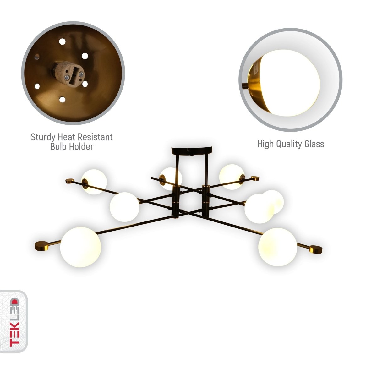 Close up shots of White Globe Glass Black Rod Body Semi Flush Ceiling Light 2-2 with 8xG9 Fitting | TEKLED 159-17542