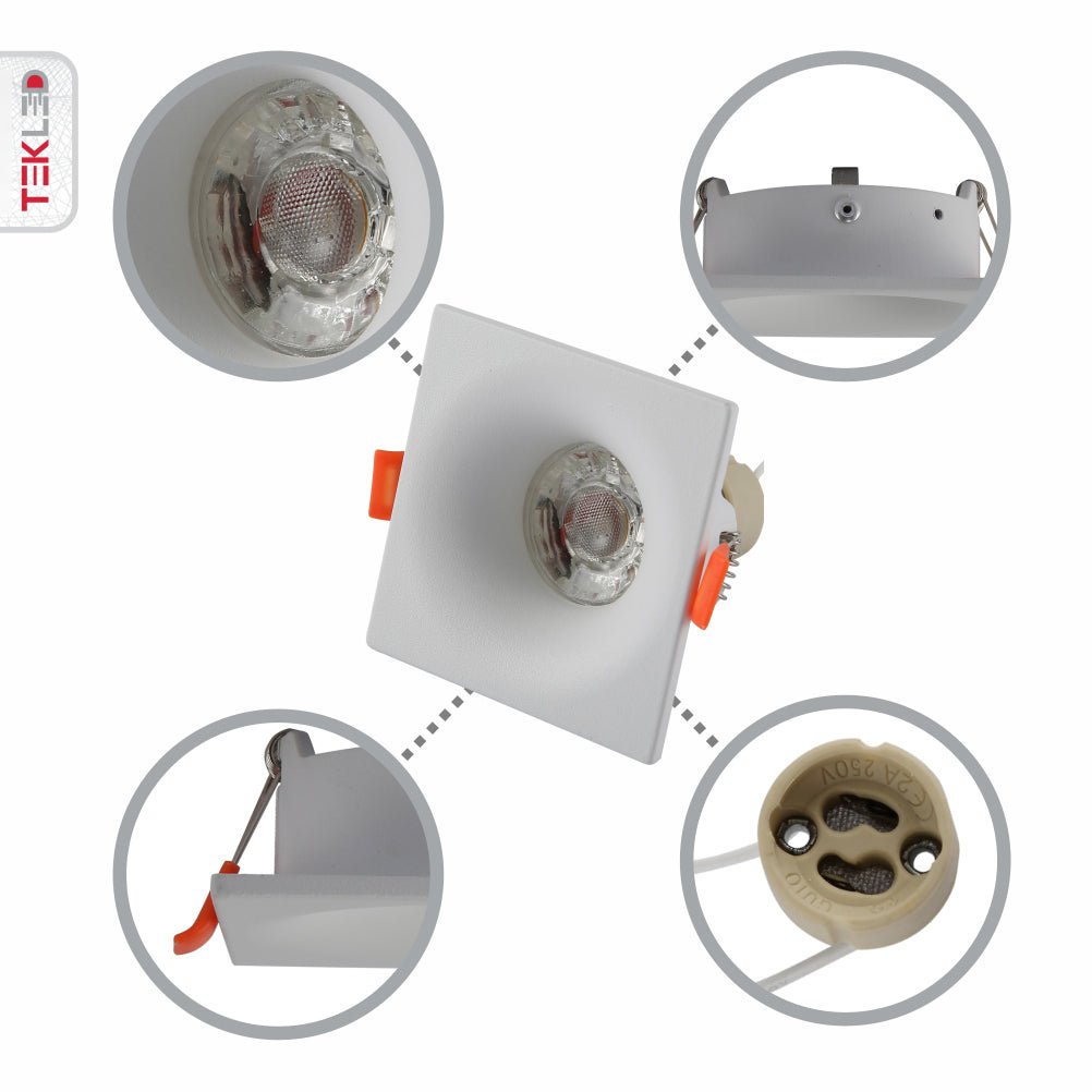 Close up shots of White Square Diecast Aluminium Downlight GU10 | TEKLED 143-03978