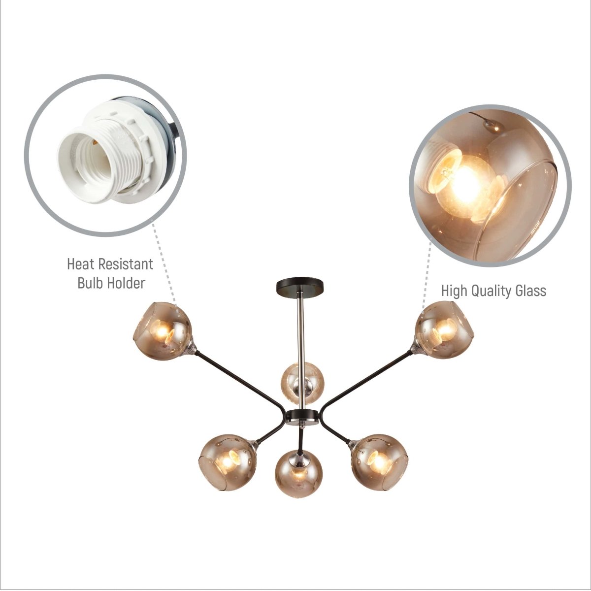 Close up of Smoky Cone Glass Black Chrome Metal Molecule Modern Ceiling Light | TEKLED 159-17170